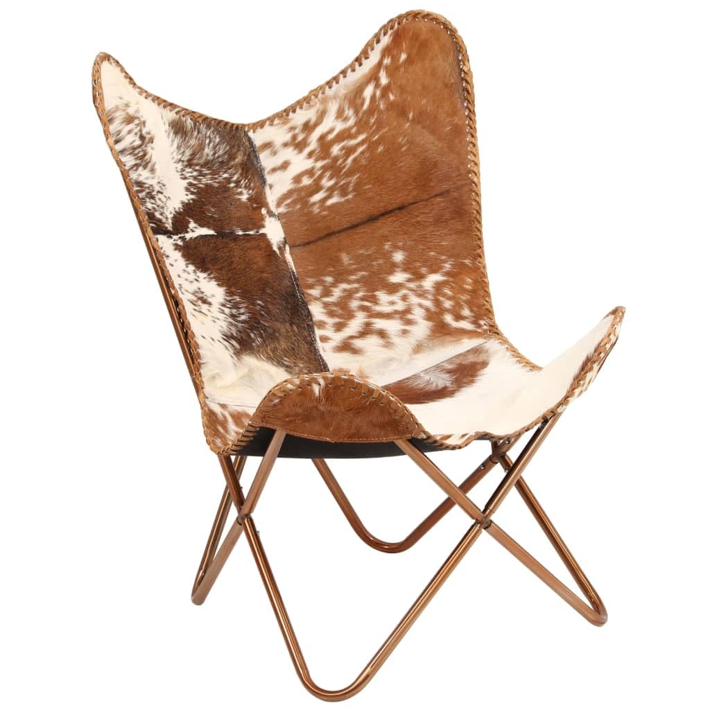 vidaXL Genuine Goat Leather Butterfly Chair - Vintage-Style Comfortable Armchair with Powder-Coated Steel Frame - Brown and White